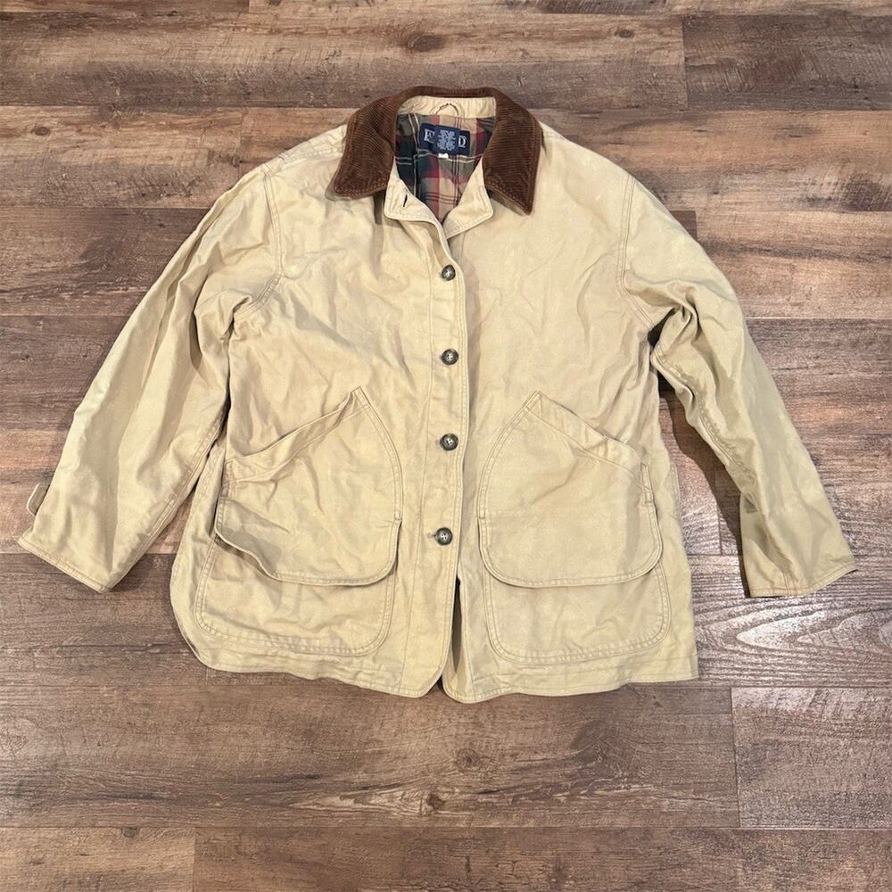 Lands End 90s VTG L Barn Chore Coat Corduroy Collar Plaid Lined Workwear FLAWS